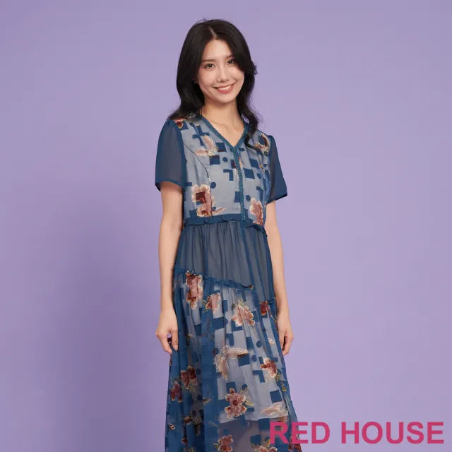 【RED HOUSE 蕾赫斯】不對稱剪接幾何花朵印花洋裝(深藍色)