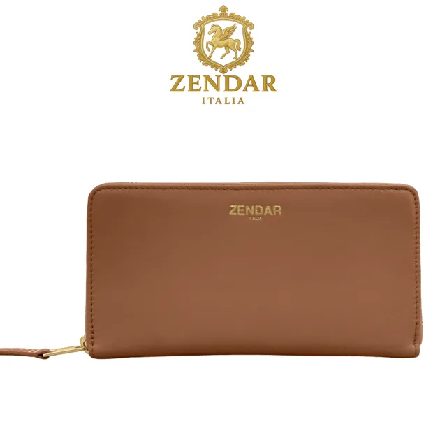 【ZENDAR】台灣總代理 限量1折 超柔軟頂級小羊皮拉鍊長夾 黛安娜系列 全新專櫃展示品(琥珀色 送禮盒提袋)