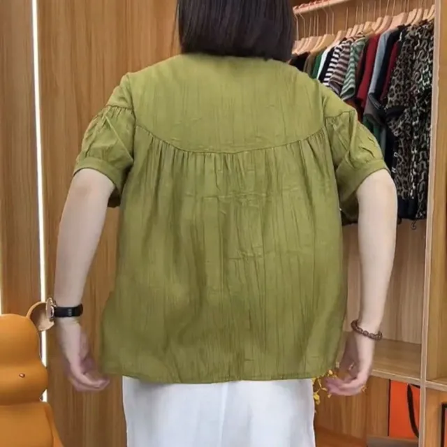 【AKARA】棉麻皺摺拼接短袖圓領襯衫上衣(4XL有做/ 亞麻布料 手感乾爽/中大尺碼)