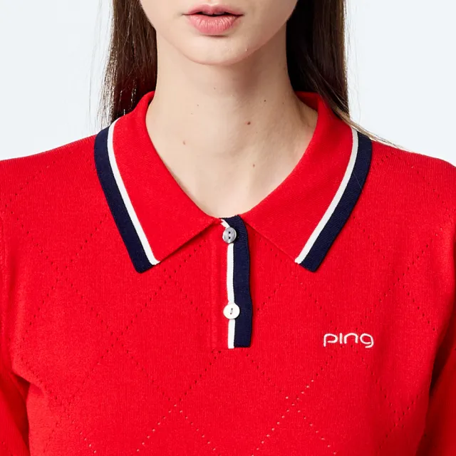 【PING】女款翻領菱格休閒薄款針織衫-紅(GOLF/高爾夫球衫/RH25120-18)