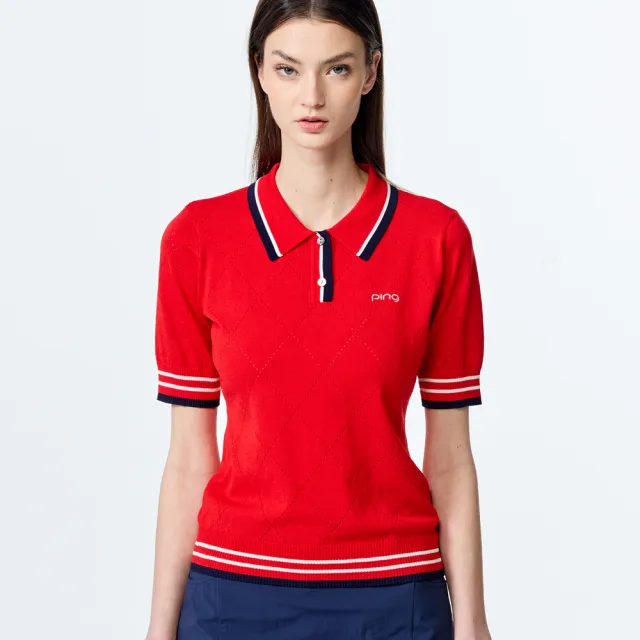 【PING】女款翻領菱格休閒薄款針織衫-紅(GOLF/高爾夫球衫/RH25120-18)