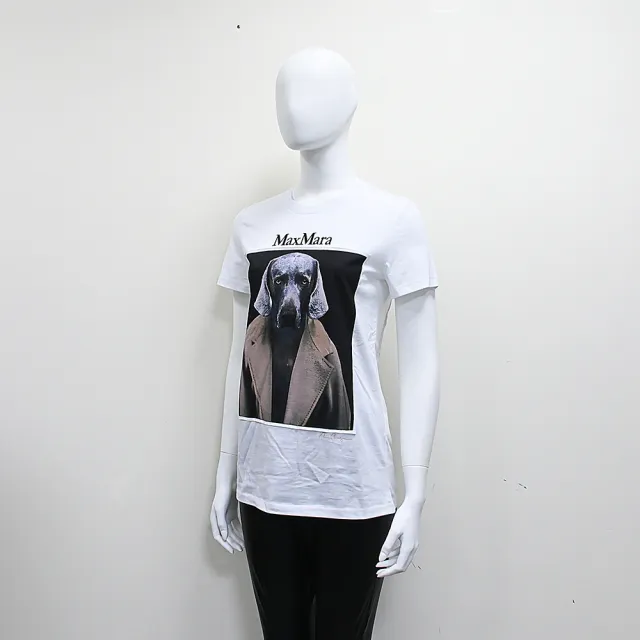 MAX MARA 經典威瑪獵犬圖案短袖T恤(女款/白x棕)