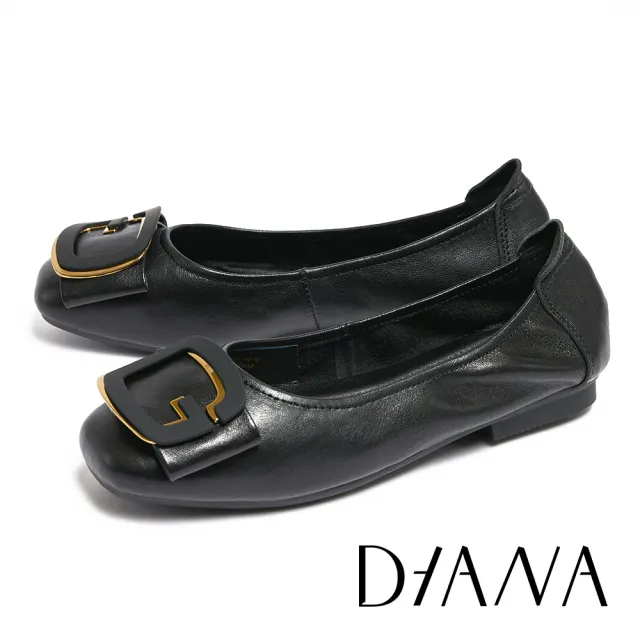 【DIANA】質感牛皮G字飾釦平底娃娃鞋(黑色)