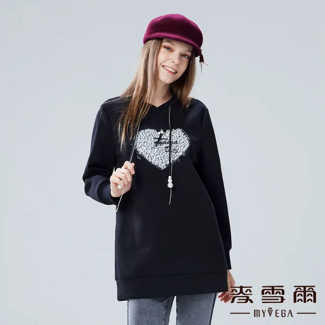【MYVEGA 麥雪爾】厚磅棉質愛心亮片抽繩長版上衣-黑(復古T/)