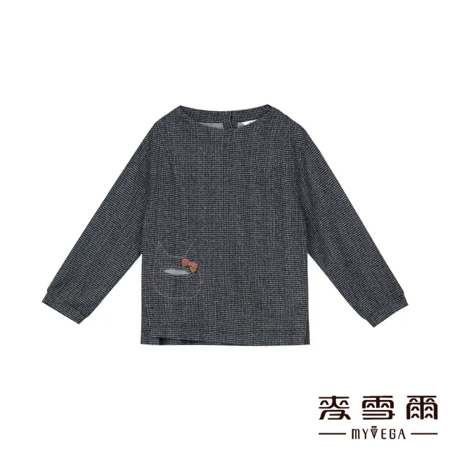 【MYVEGA 麥雪爾】混織大圓領貓咪圖案上衣-灰(復古T/)