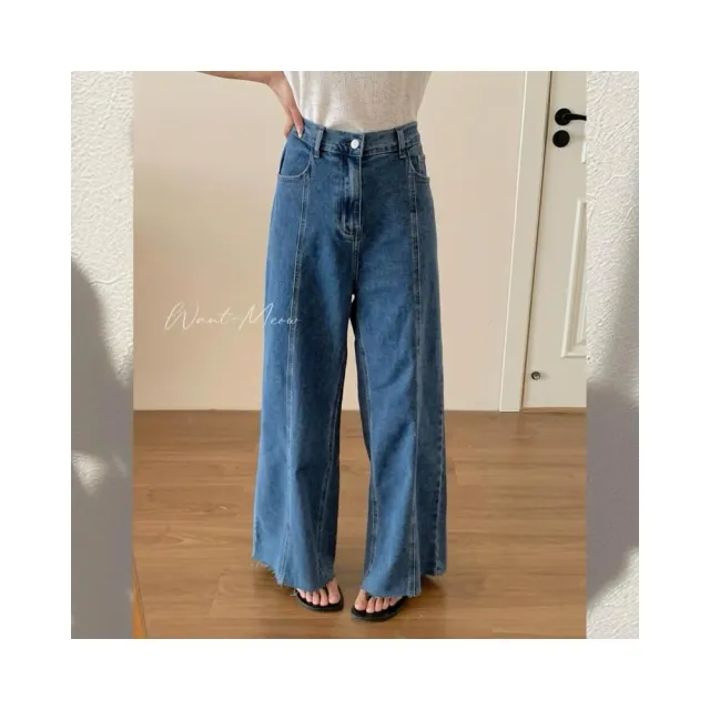 【Want-Meow】100公斤可穿/彈力顯瘦中線牛仔寬褲/寬褲大尺碼牛仔褲(大碼/大尺碼/加大碼)（其他規格）