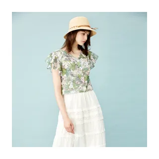 【Le Polka】荷葉袖印花短版上衣-女