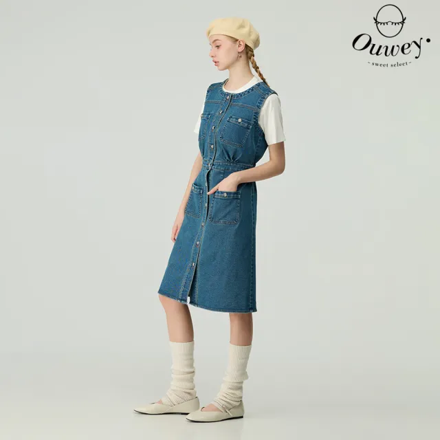 【OUWEY 歐薇】學院風排釦牛仔洋裝(藍;S-L;3243328724)
