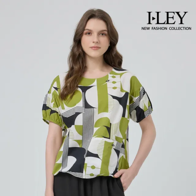 【ILEY 伊蕾】幾何圖形印花純棉上衣(綠；M-XL；1252011420)