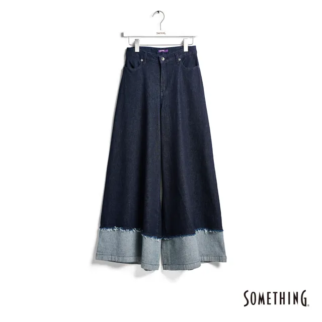 【SOMETHING】女裝 雙色拼接抽鬚丹寧寬褲(原藍色)