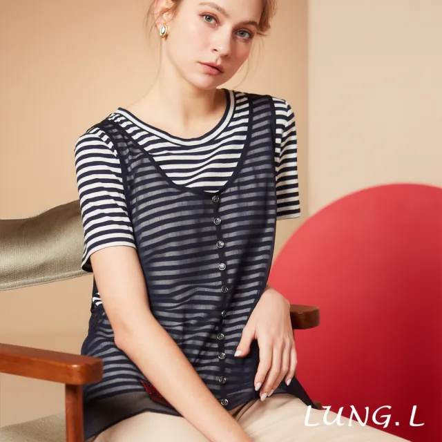 【LUNG.L 林佳樺】LS84A 藍白條拼接雪紡背心假二件棉質短袖女裝上衣(春夏新品 加大尺碼)