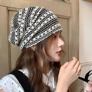 【AnnaSofia】針織帽潮帽薄款毛帽-星花層色鏤編 現貨(黑白系)
