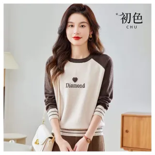 【初色】撞色拼接插肩袖圓領愛心英文針織毛衣長袖寬鬆針織衫T恤上衣女上衣-共4色-38417(F可選/快速出貨)