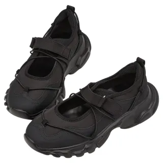 【Grace Gift】韓系學院繫繩魔鬼氈輕量芭蕾運動鞋(黑)