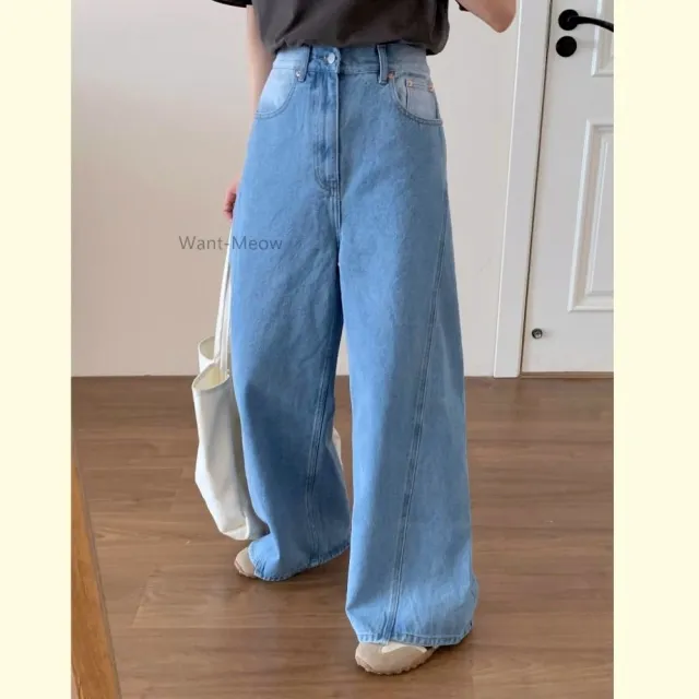 【Want-Meow】110公斤可穿/日系梨形友善鬆緊腰有抽繩修飾彎刀褲寬褲/大尺碼牛仔褲(大碼/大尺碼/加大碼)
