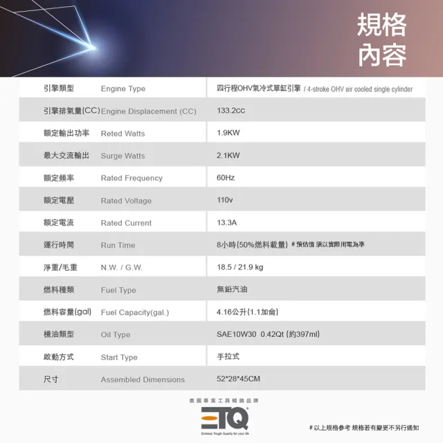 【ETQ USA】2100W變頻數碼發電機(2025式樣/露營、戶外工程活動、停電救急、大功率、輕量化)