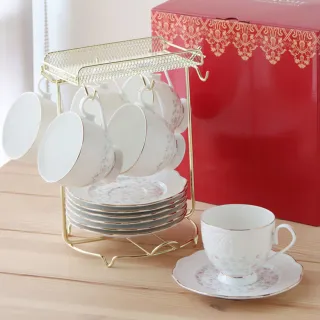 【Just Home】骨瓷咖啡杯盤12件禮盒組附收納架(附禮盒 多款花色可選 入厝送禮 辦公室 新居落成)