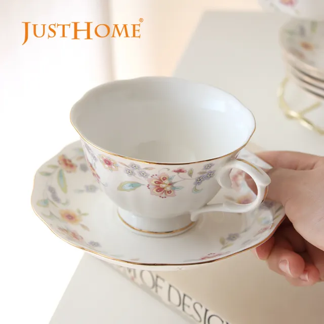 【Just Home】骨瓷咖啡杯盤12件禮盒組附收納架(附禮盒 多款花色可選 入厝送禮 辦公室 新居落成)