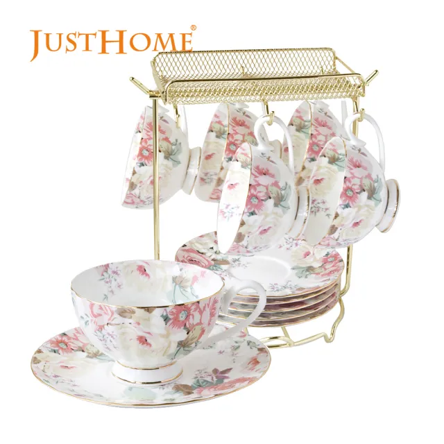 【Just Home】骨瓷咖啡杯盤12件禮盒組附收納架(附禮盒 多款花色可選 入厝送禮 辦公室 新居落成)