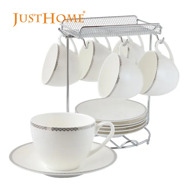 【Just Home】骨瓷咖啡杯盤12件禮盒組附收納架(附禮盒 多款花色可選 入厝送禮 辦公室 新居落成)