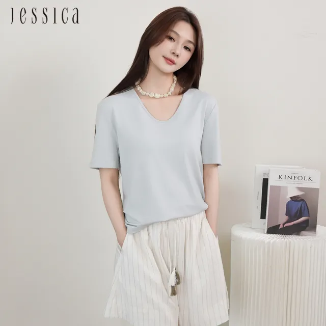 【JESSICA】經典百搭柔軟舒適U領短袖T恤J53603（藍）