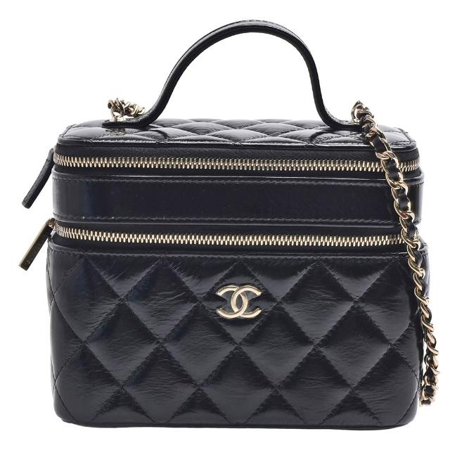 【CHANEL 香奈兒】經典雙C LOGO菱格紋油蠟小牛皮雙層手提/斜背化妝包(黑色AP2917C-BLK-GP)