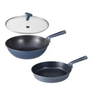 【CorelleBrands 康寧餐具】WORLD KITCHEN 藍寶石鑄造不沾平煎鍋28cm+深炒鍋30cm