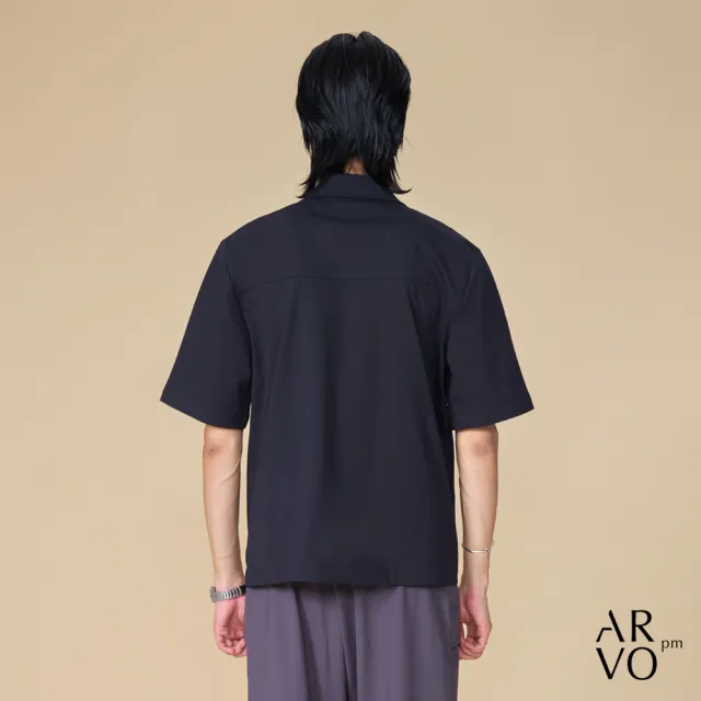 【ARVOpm】男女同款 藏青前開式拉鍊短袖襯衫00092502102(限時6折)