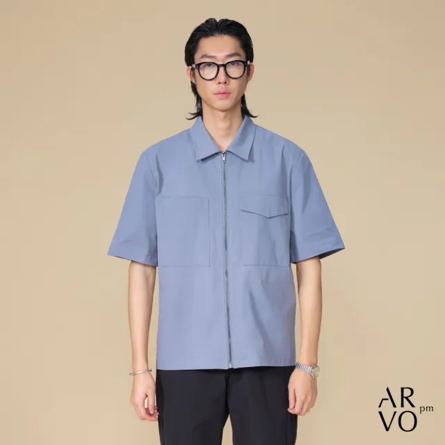 【ARVOpm】男女同款 灰色前開式拉鍊短袖襯衫00092502101(限時6折)