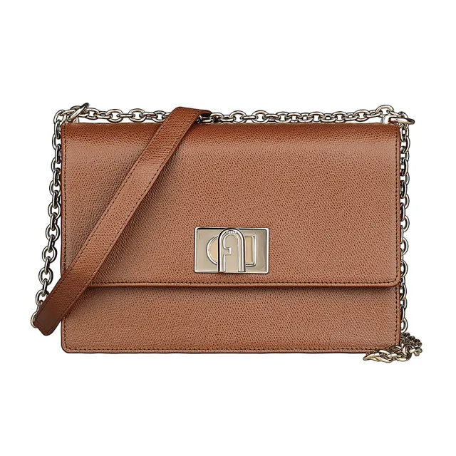 【FURLA 芙拉】FURLA 1927 立體拱門LOGO牛皮搭鏈帶設計旋扣式斜背包(小/白蘭地褐)