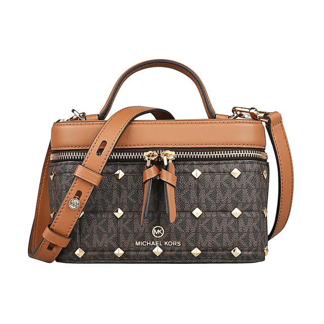【Michael Kors】MICHAEL KORS Jet Set Charm化妝箱造型印花塗層帆布搭皮革拉鍊手提斜背方包(深褐x橡子棕)
