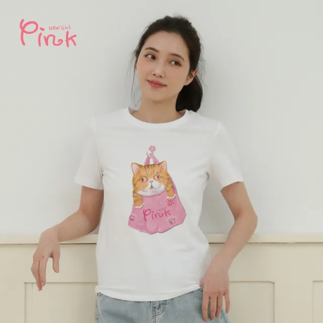 【PINK NEW GIRL】Pink* 貓咪提袋一起出遊插畫風舒棉T(2色)