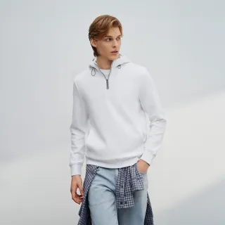 【G2000】男款 可機洗空氣棉拉鍊式連帽式針織素面長袖T恤-白色(4814108201)