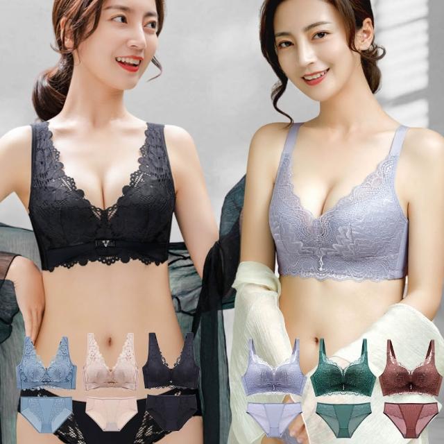 【Mevels 瑪薇絲】3套組 聚攏蕾絲包覆內衣褲/成套/無鋼圈/聚攏(美胸/舒適/包覆 M-XL)