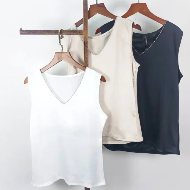 【SuperWands】鑽飾領口錦緞網紗透氣背心