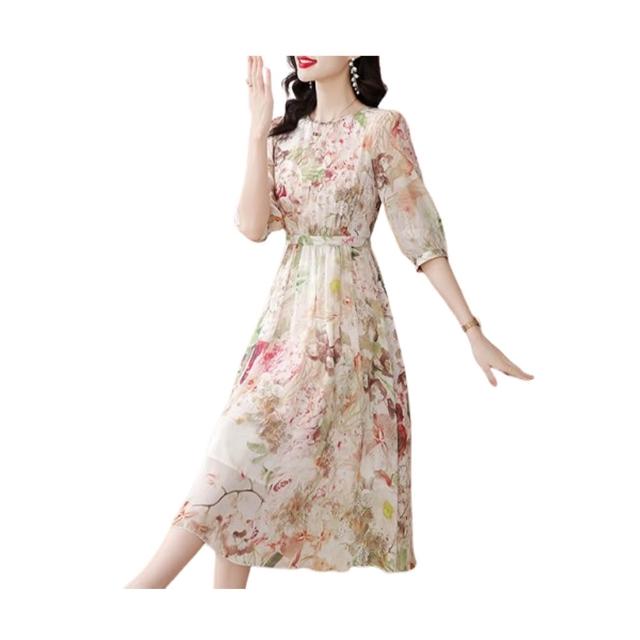 【K.W.】春季新品韓國繁盛花卉桑蠶絲輕奢碎花洋裝(韓國洋裝  中大尺碼)
