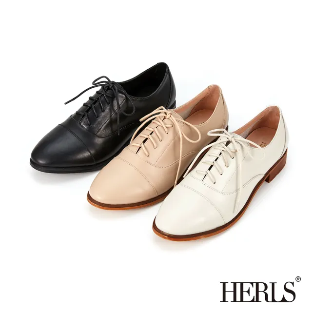 【HERLS】牛津鞋-全真皮簡約拼接橢圓頭素面牛津鞋(黑色)