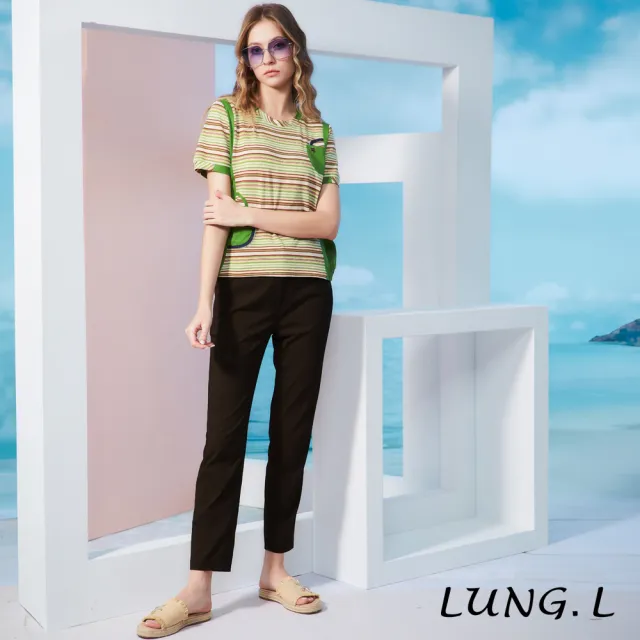 【LUNG.L 林佳樺】LS86A 綠色彩條拼接素色口袋短袖棉質女裝上衣(春夏新品)