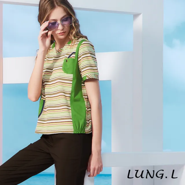 【LUNG.L 林佳樺】LS86A 綠色彩條拼接素色口袋短袖棉質女裝上衣(春夏新品)