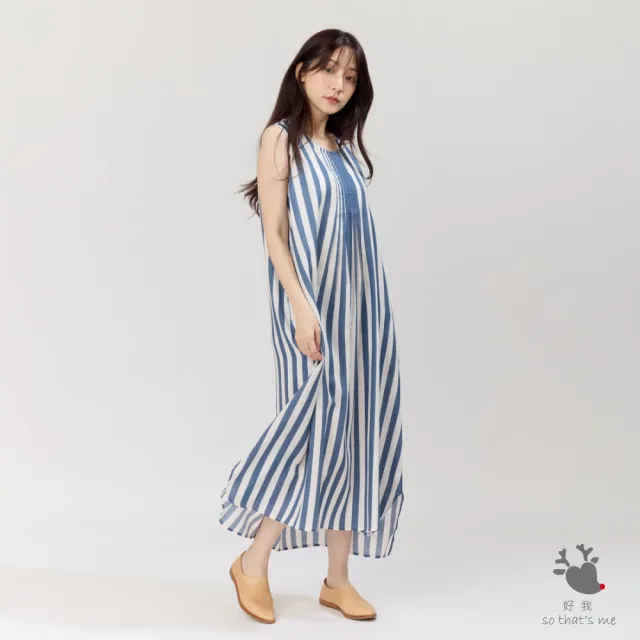 【so that’s me 好我】Nana無袖前摺直條印花洋裝(藍白寬條)