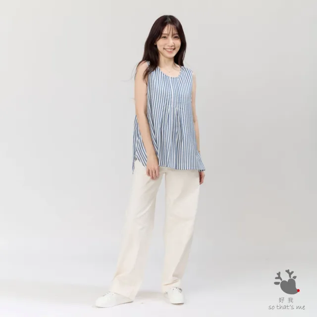 【so that’s me 好我】Coco無袖前摺傘擺直條印花上衣(藍白細條)
