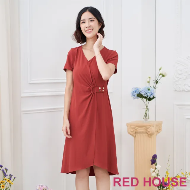 【RED HOUSE 蕾赫斯】V領素面釦環洋裝(磚紅色)