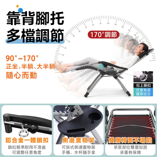 折疊躺椅含棉墊 無段式高承重透氣休閒躺椅(附杯架頭枕 躺椅 折疊椅 摺疊躺椅)