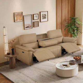 【Cheers 芝華仕】預購60天★頭等艙 頭層牛皮 三人零靠牆電動沙發茶几款附USB 55110 卡其色