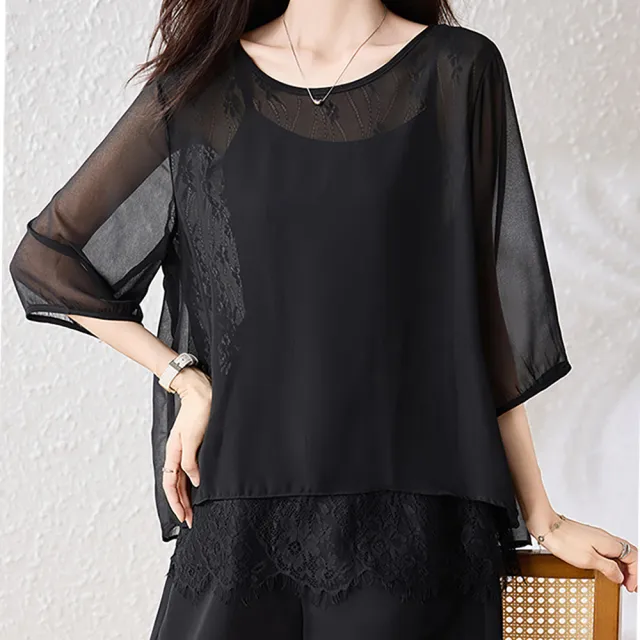 【麗質達人】5342黑色蕾絲拼接假二件上衣-LY(L-5XL)
