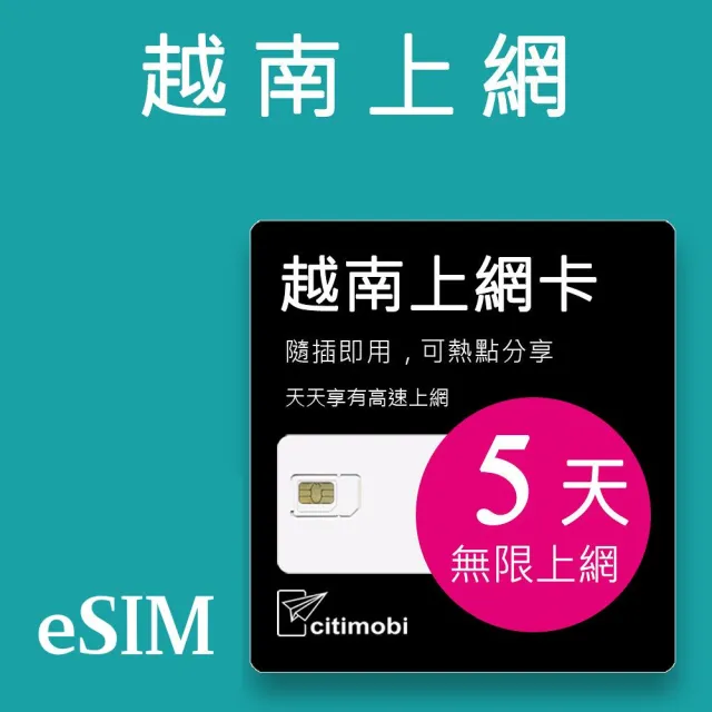 【citimobi】eSIM越南5天吃到飽不降速(網卡 越南上網 富國島 蜆港 下龍灣 eSIM)