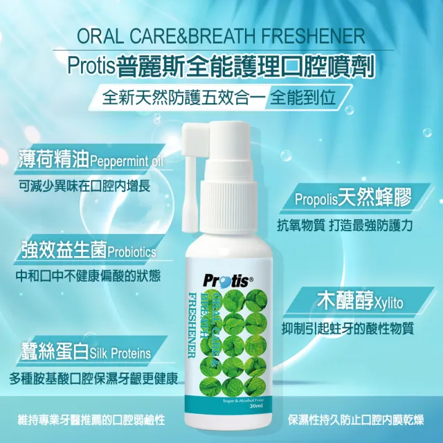 【Protis 普麗斯】全能護理口腔噴劑-30mlX3瓶(含蜂膠+薄荷+益生菌+絲蛋白)