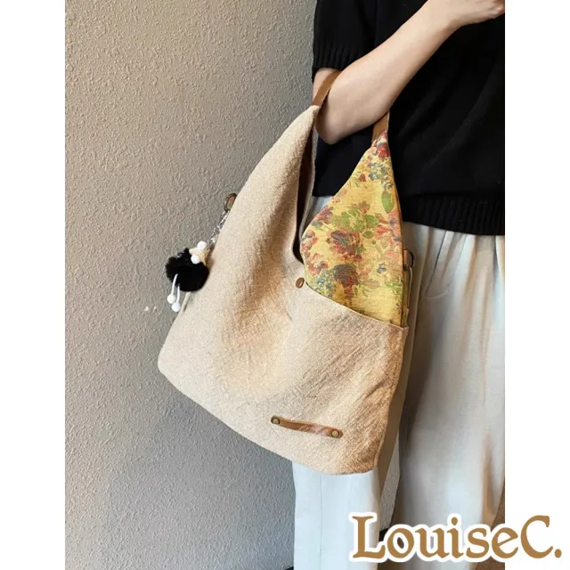 【LouiseC.】Tree House 質感帆布 牛皮 復古花草拼接設計 前後插袋肩背斜背包 米色 SL0003-02