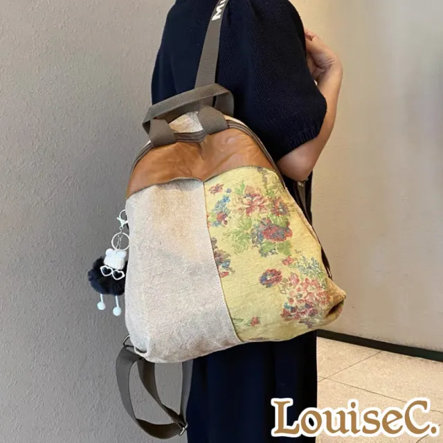【LouiseC.】Tree House 質感帆布 牛皮 復古花草拼接設計 後背包 米色 SL0001-02