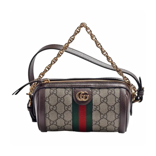 【GUCCI 古馳】經典Ophidia系列帆布印花綠紅綠織帶皮革飾邊拉鍊圓筒手提/斜背包(795208-96IWG-8745)